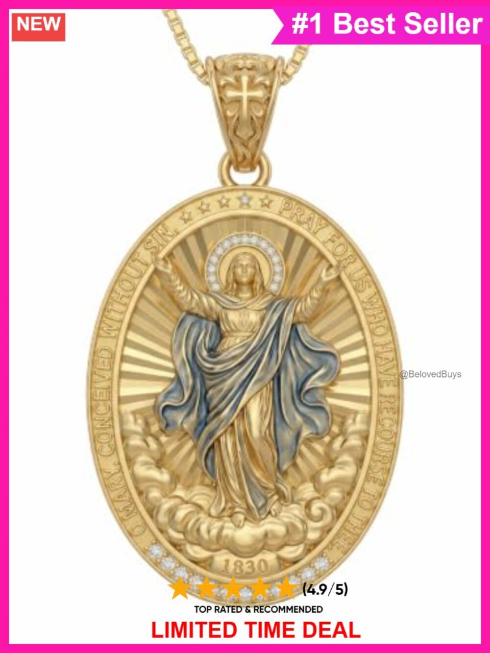 925 Sterling Silver Virgin Mary Necklace Gold Plated